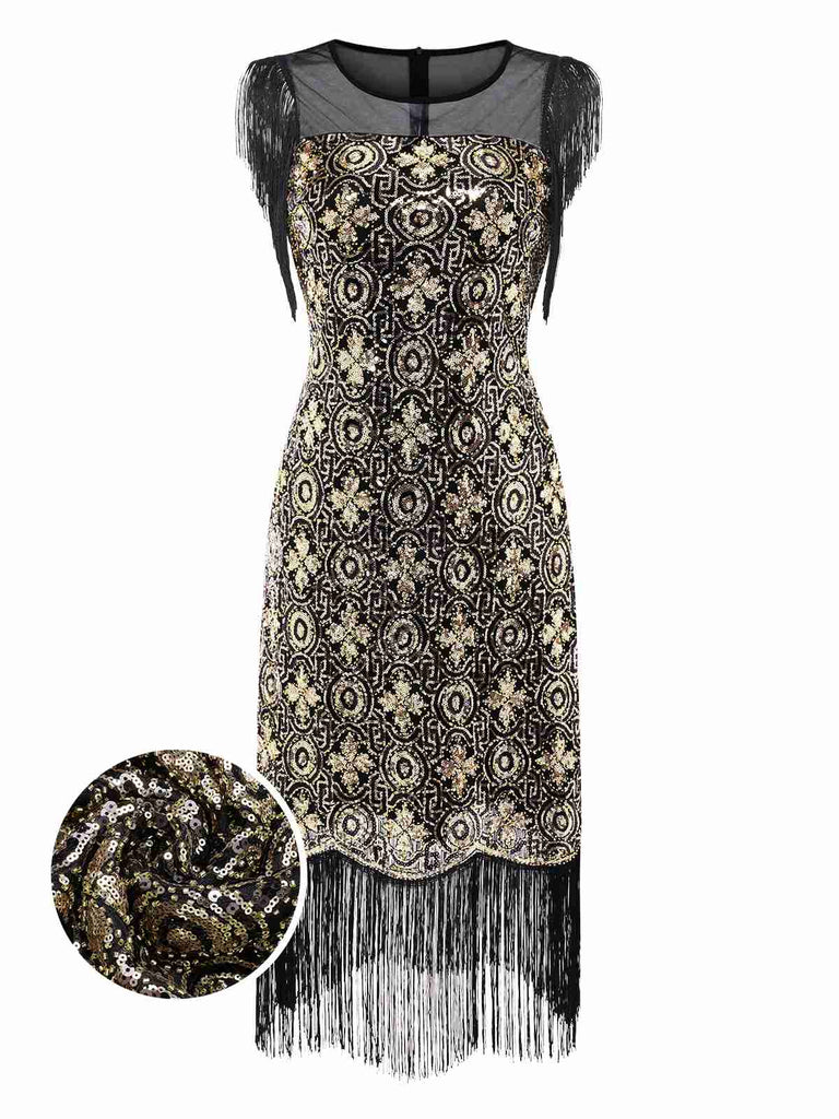[Pre-Sale] Black & Gold 1920s Mesh Sequins Floral Fringe Dress