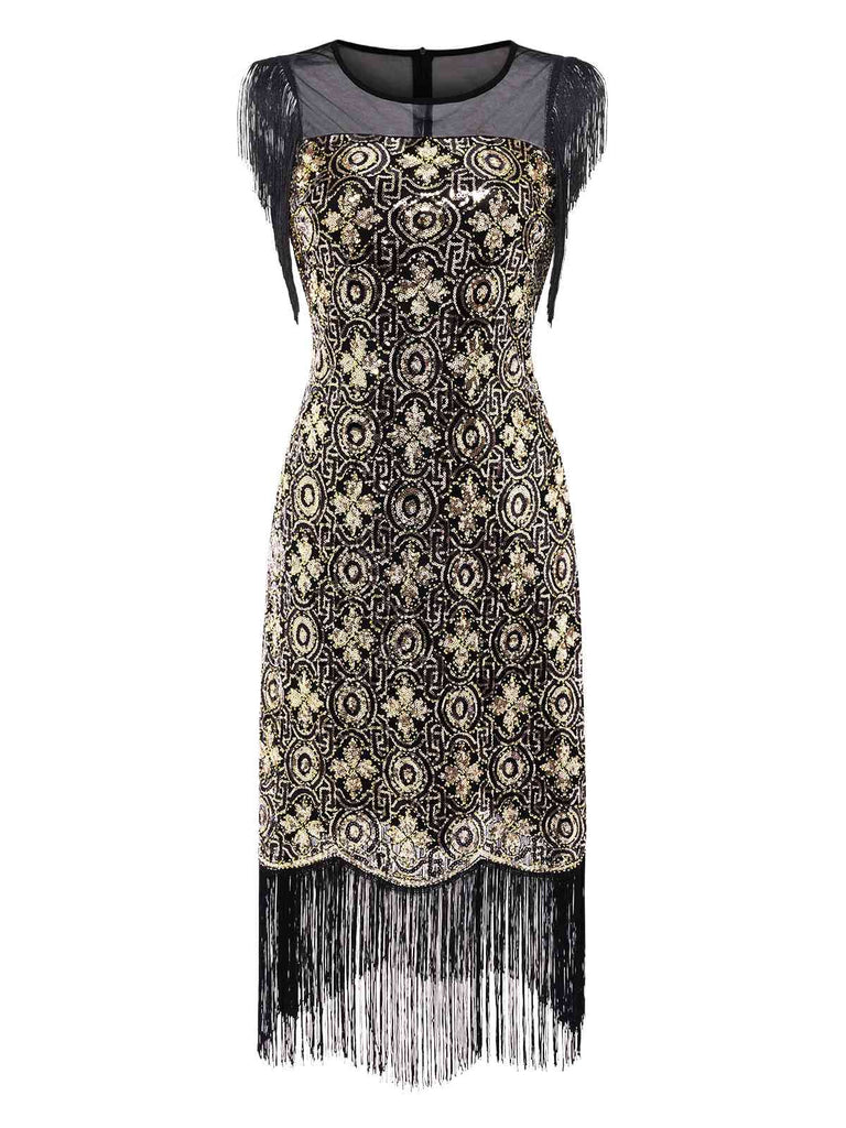 [Pre-Sale] Black & Gold 1920s Mesh Sequins Floral Fringe Dress