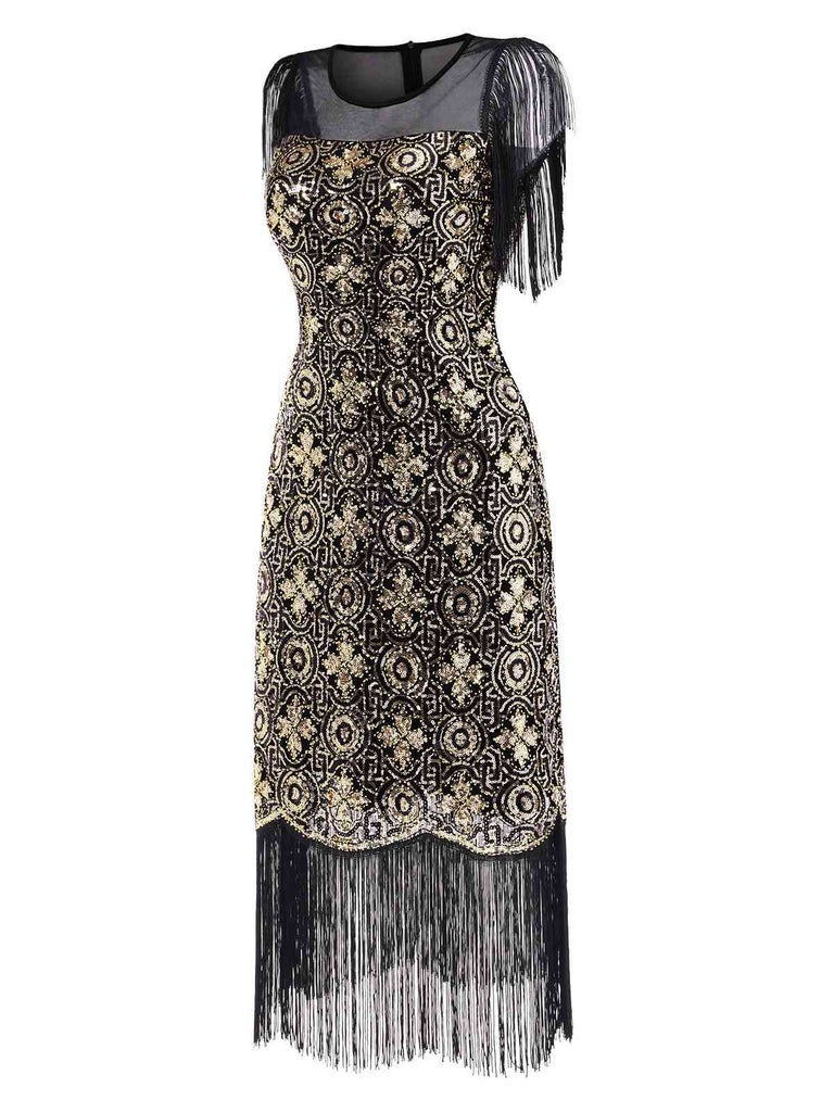 [Pre-Sale] Black & Gold 1920s Mesh Sequins Floral Fringe Dress
