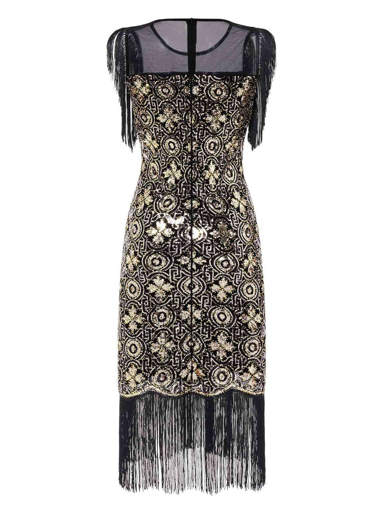 [Pre-Sale] Black & Gold 1920s Mesh Sequins Floral Fringe Dress