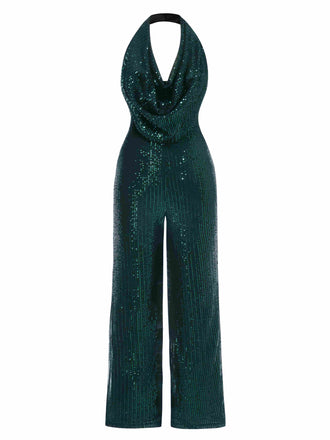 1970s Solid Cowl Neck Halter Sequined Jumpsuit