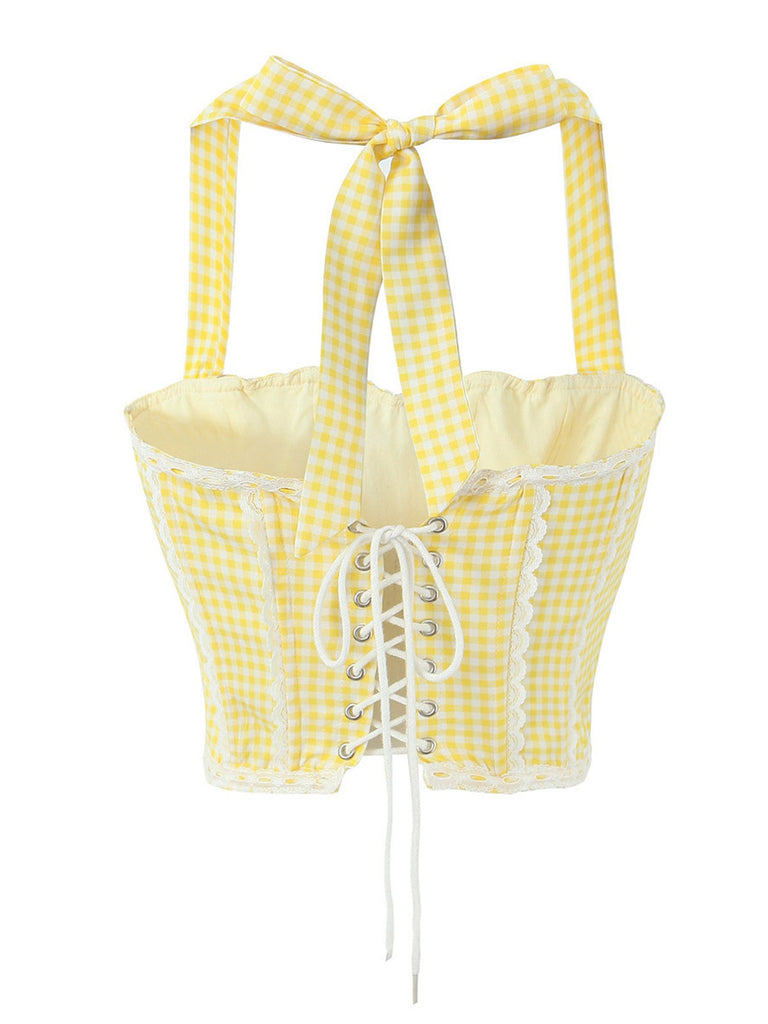 1950s Gingham Plaid Lace-Up Halter Crop Camisole
