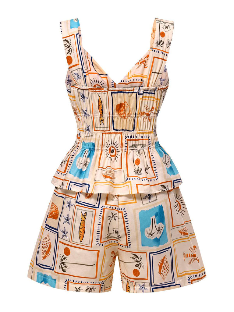 2PCS Multicolor 1940s Marine Life Prints Top & Shorts