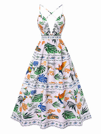 1930s Deep V-Neck Tropical Plants Backless Dress