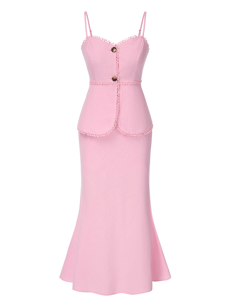 2PCS Pink 1930s Solid Cotton Spaghetti Strap Camisole & Fishtail Skirt