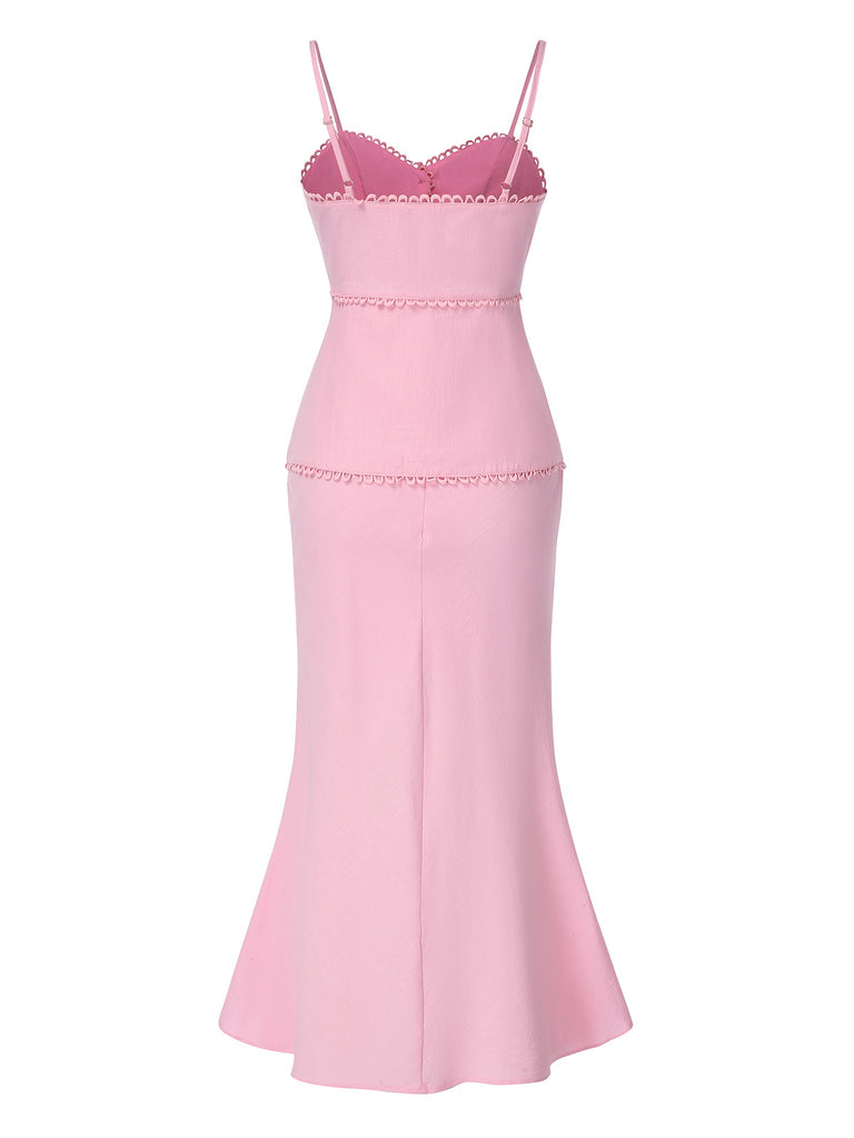 2PCS Pink 1930s Solid Cotton Spaghetti Strap Camisole & Fishtail Skirt