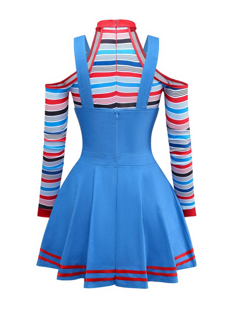 Blue 2PCS 1960s Halloween Chucky Striped Top & Wide Strap Dress