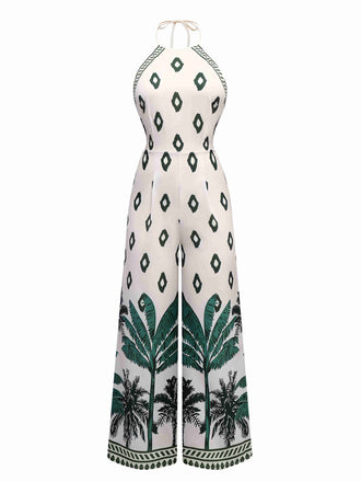Green 1930s Palm Trees Halter Jumpsuit