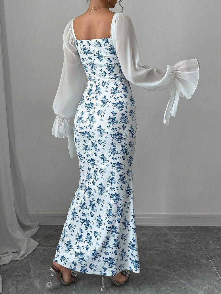 Blue 1930s Chiffon Sleeves Ditsy Floral Dress