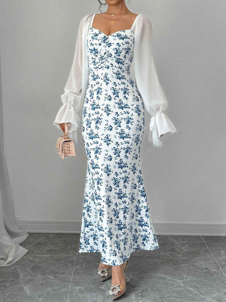 Blue 1930s Chiffon Sleeves Ditsy Floral Dress