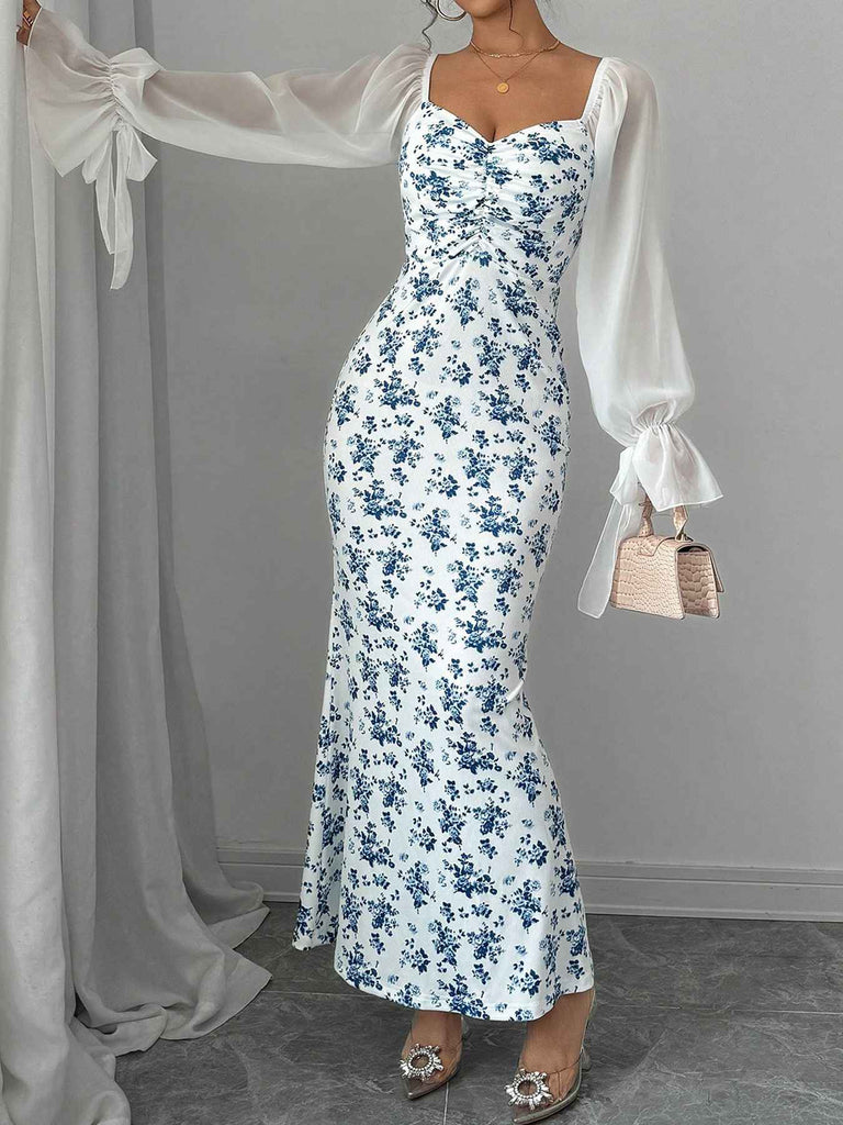 Blue 1930s Chiffon Sleeves Ditsy Floral Dress
