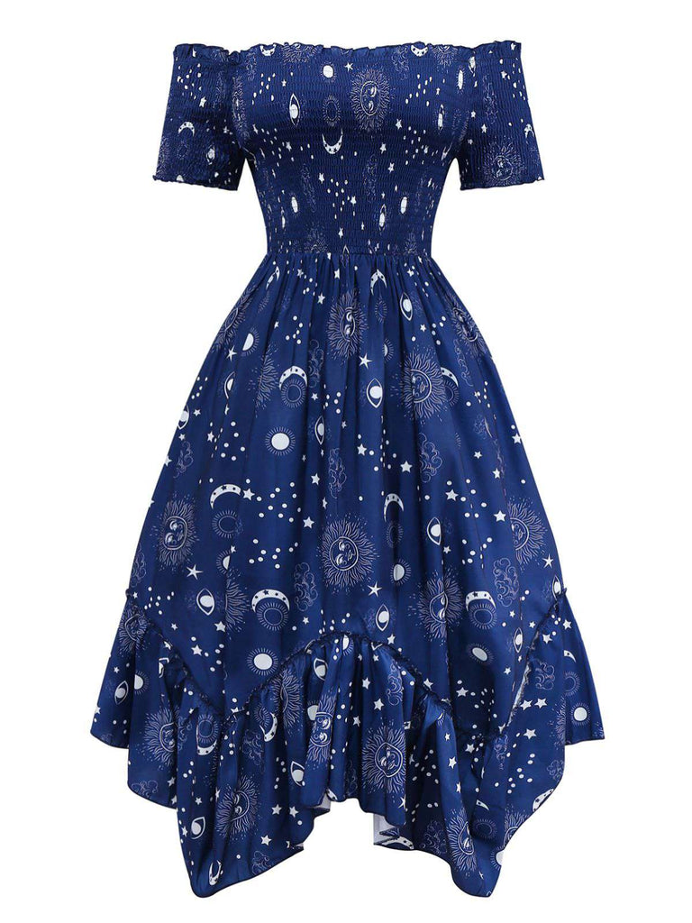 Blue 1950s Stars Moon Irregular Hem Off-Shoulder Dress