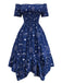 Blue 1950s Stars Moon Irregular Hem Off-Shoulder Dress