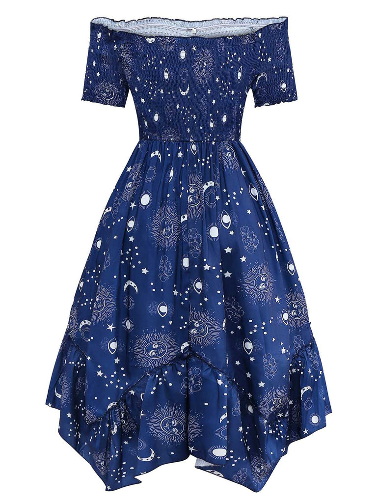 Blue 1950s Stars Moon Irregular Hem Off-Shoulder Dress