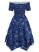 Blue 1950s Stars Moon Irregular Hem Off-Shoulder Dress