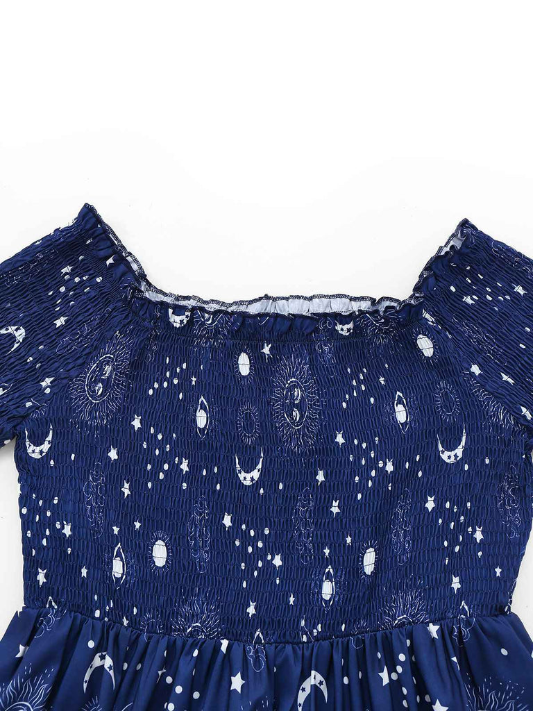 Blue 1950s Stars Moon Irregular Hem Off-Shoulder Dress