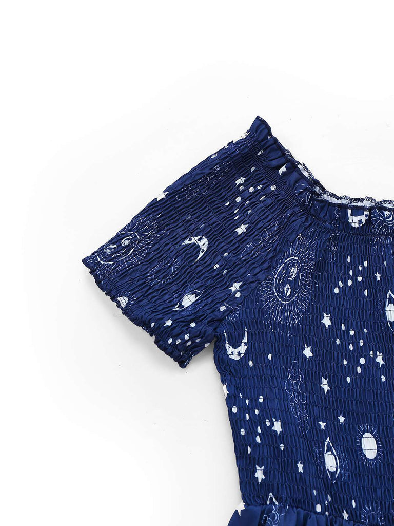 Blue 1950s Stars Moon Irregular Hem Off-Shoulder Dress