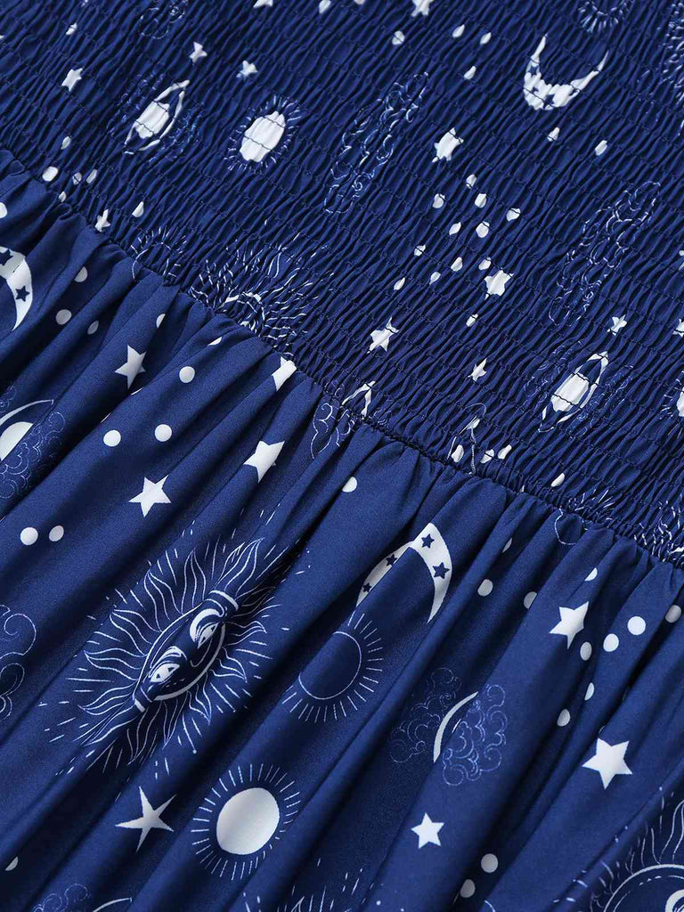 Blue 1950s Stars Moon Irregular Hem Off-Shoulder Dress
