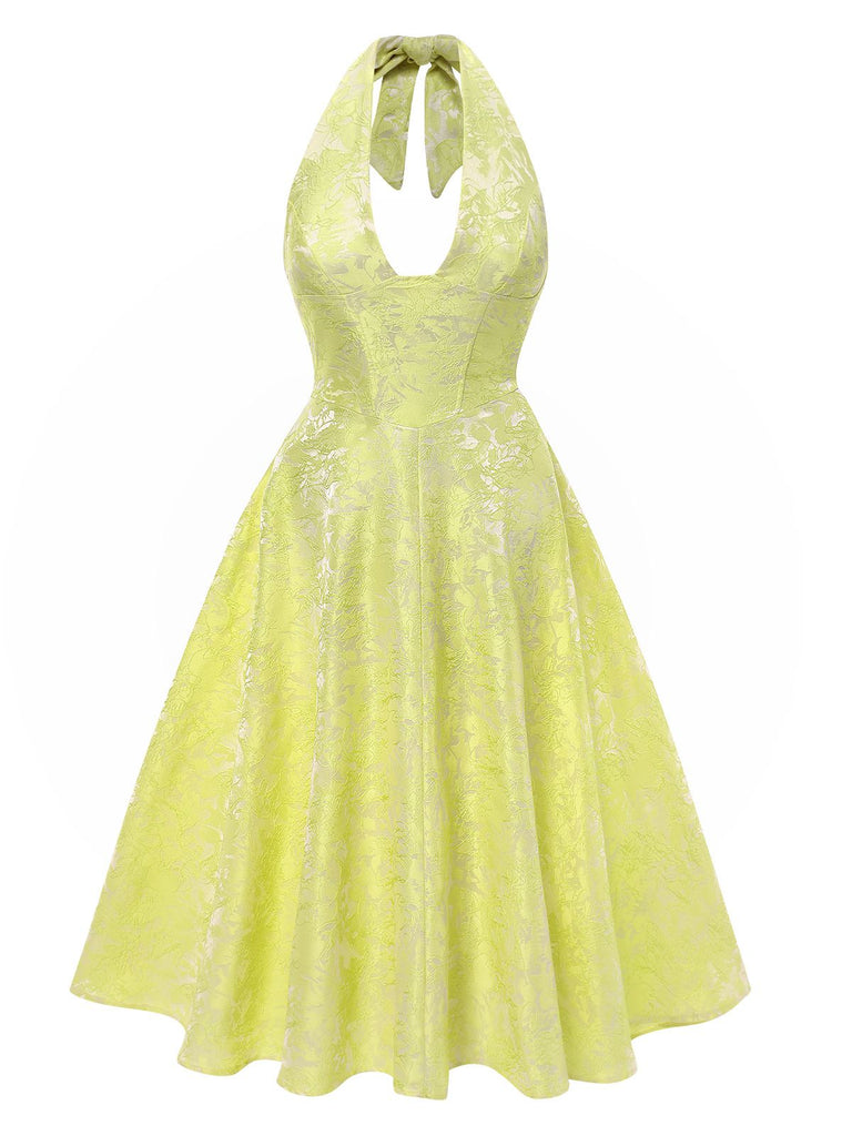 1950s Solid Halter Deep V-Neck Jacquard Printed Dress