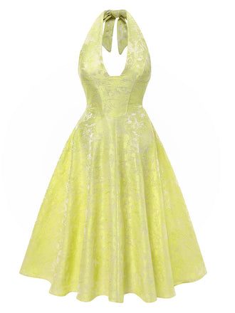 1950s Solid Halter Deep V-Neck Jacquard Printed Dress