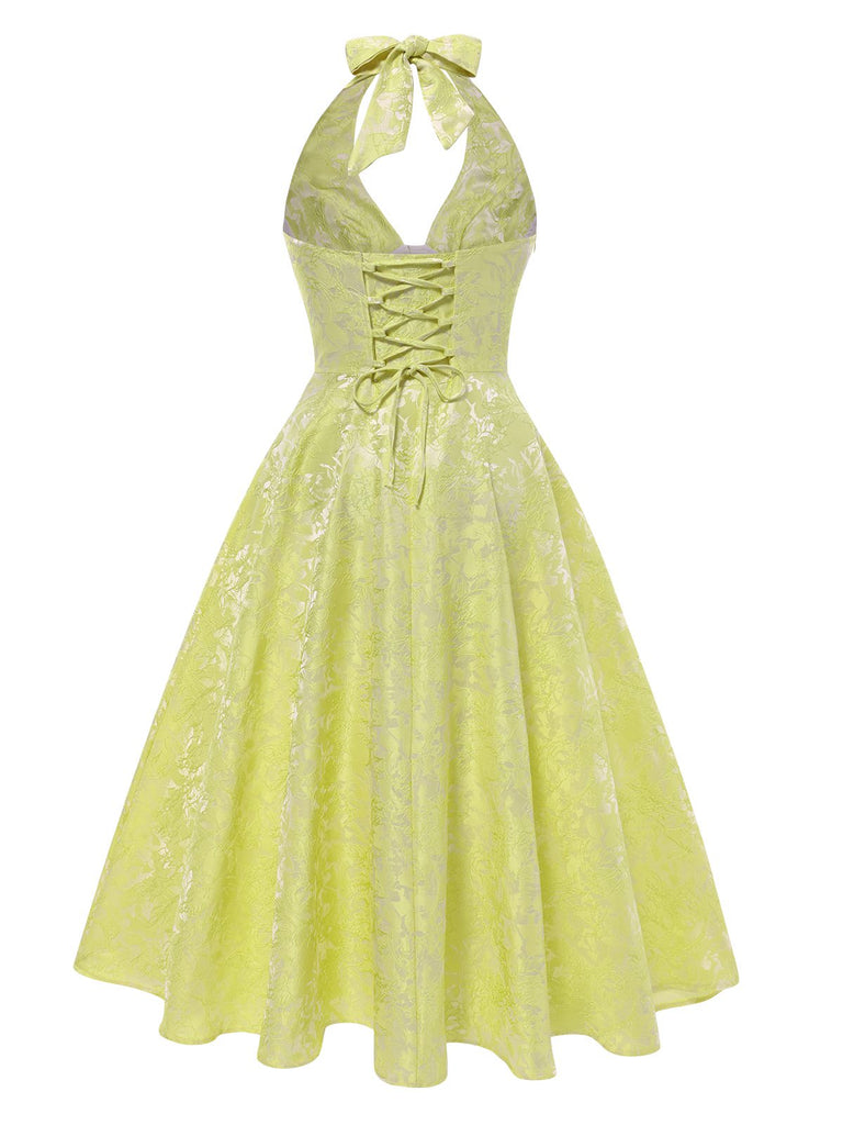 1950s Solid Halter Deep V-Neck Jacquard Printed Dress