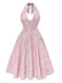 1950s Solid Halter Deep V-Neck Jacquard Printed Dress