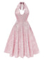 1950s Solid Halter Deep V-Neck Jacquard Printed Dress