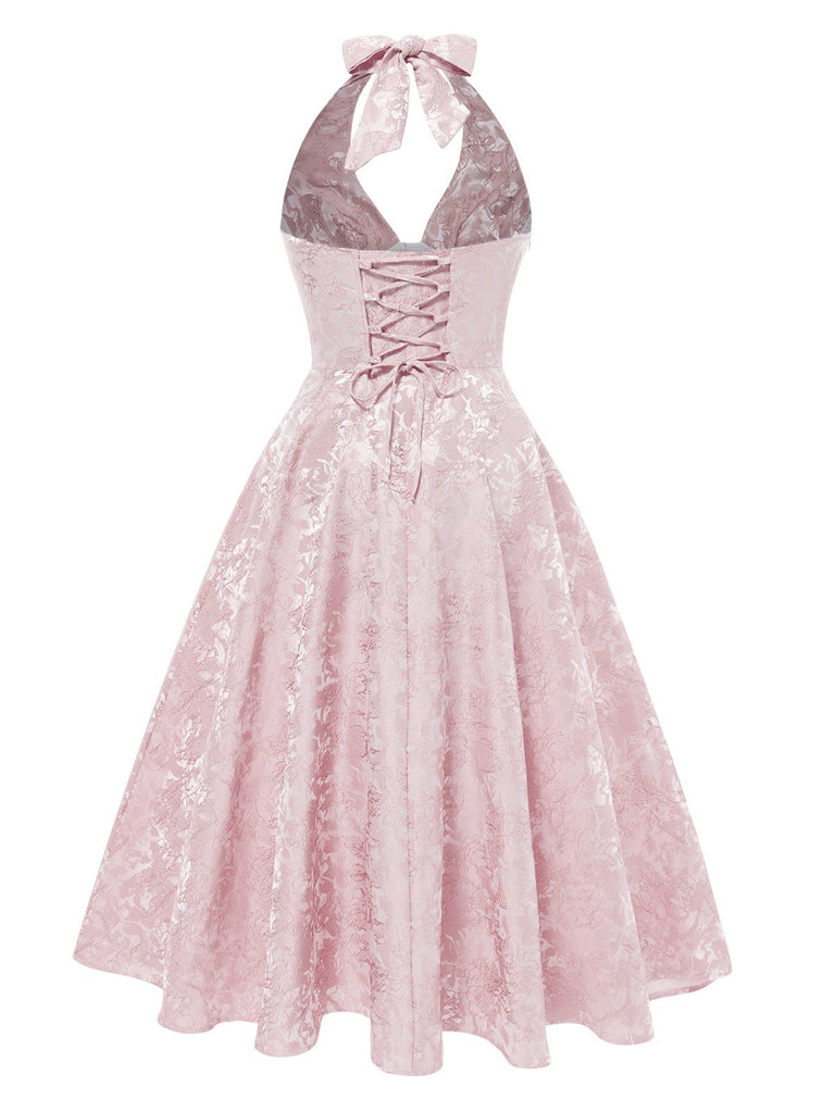1950s Solid Halter Deep V-Neck Jacquard Printed Dress