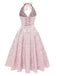 1950s Solid Halter Deep V-Neck Jacquard Printed Dress