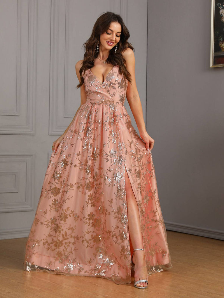 Pink 1930s Sequined Floral Mesh High Slit Dress