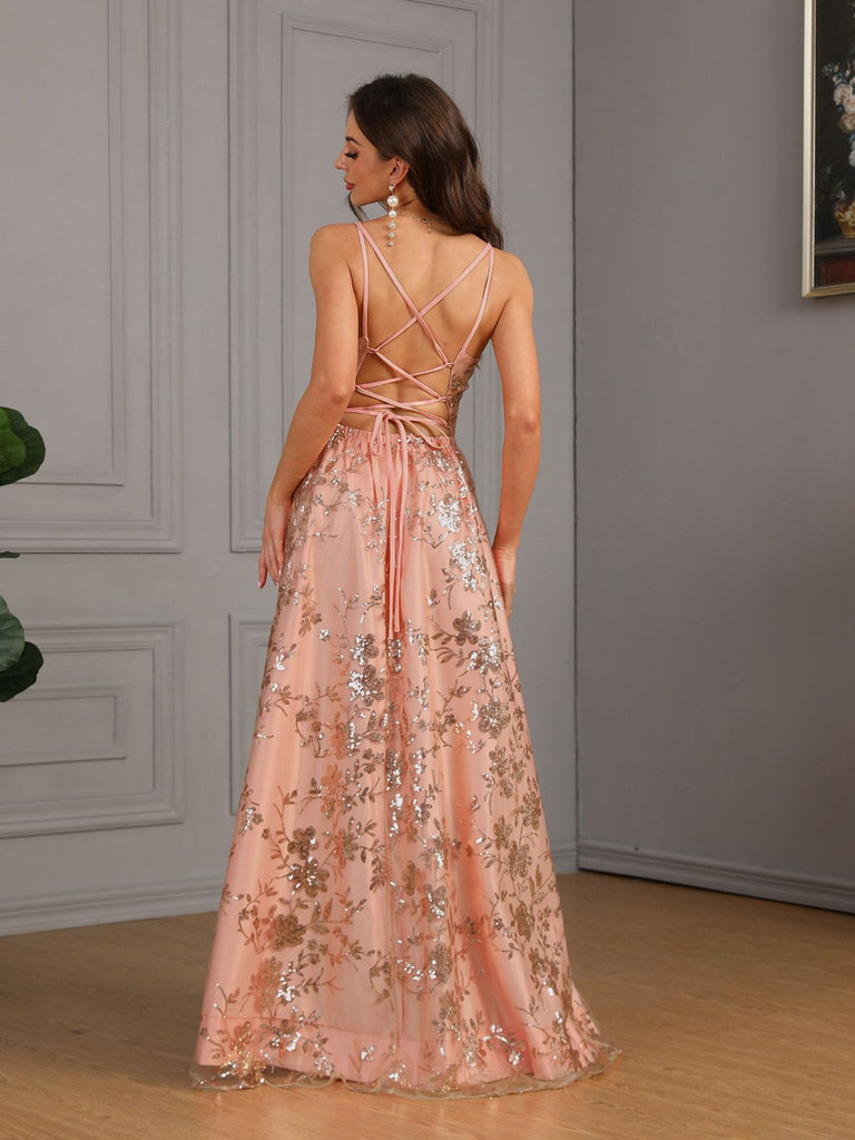 Pink 1930s Sequined Floral Mesh High Slit Dress