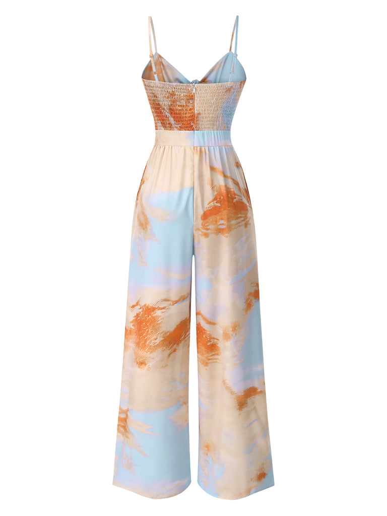 Multicolor 1930s Suspender Lace-up Ruched Jumpsuit