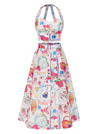 2PCS 1950s All-Over Stamps Crop Top & Skirt