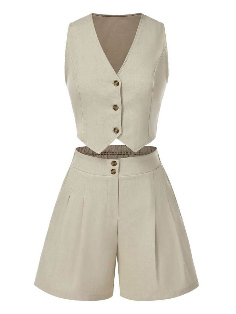 2PCS Light Khaki 1950s Solid V-Neck Vest & Shorts
