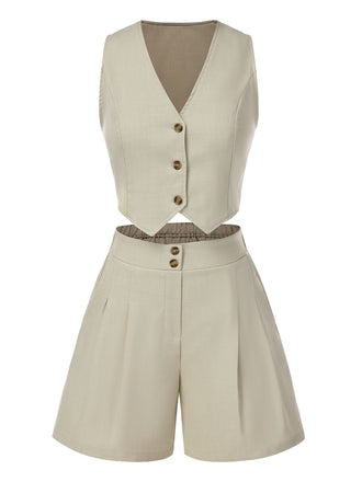2PCS Light Khaki 1950s Solid V-Neck Vest & Shorts
