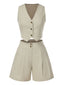 2PCS Light Khaki 1950s Solid V-Neck Vest & Shorts
