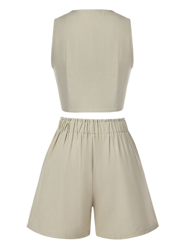 2PCS Light Khaki 1950s Solid V-Neck Vest & Shorts