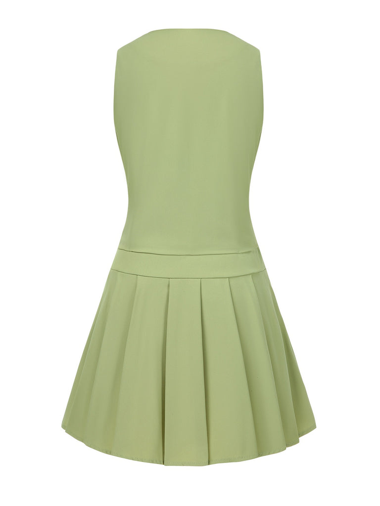 2PCS 1960s Solid Buttons Vest & Pleated Skirt