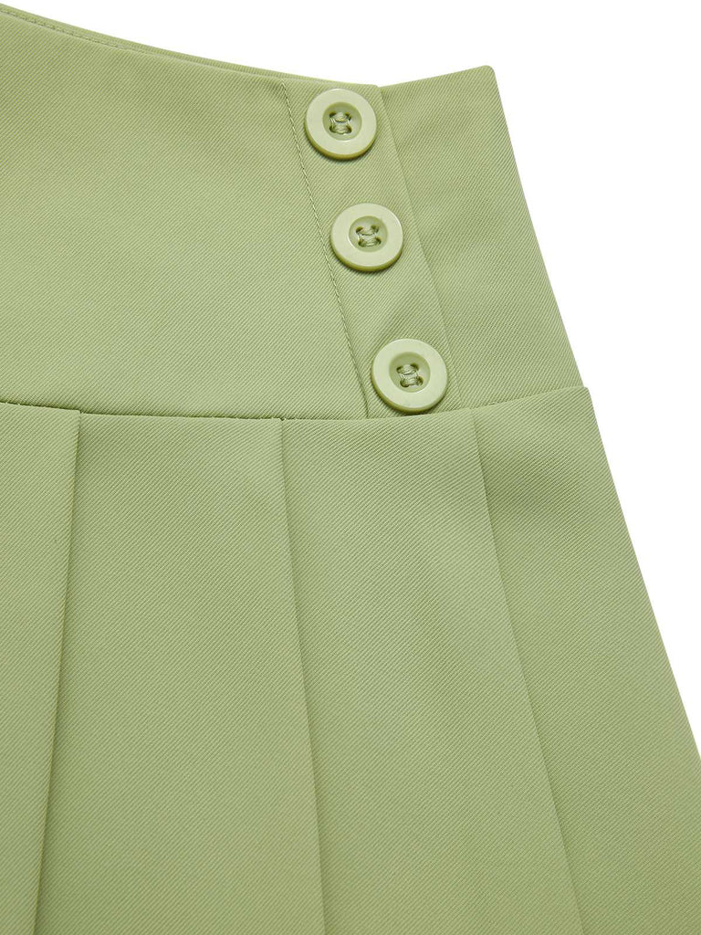 2PCS 1960s Solid Buttons Vest & Pleated Skirt