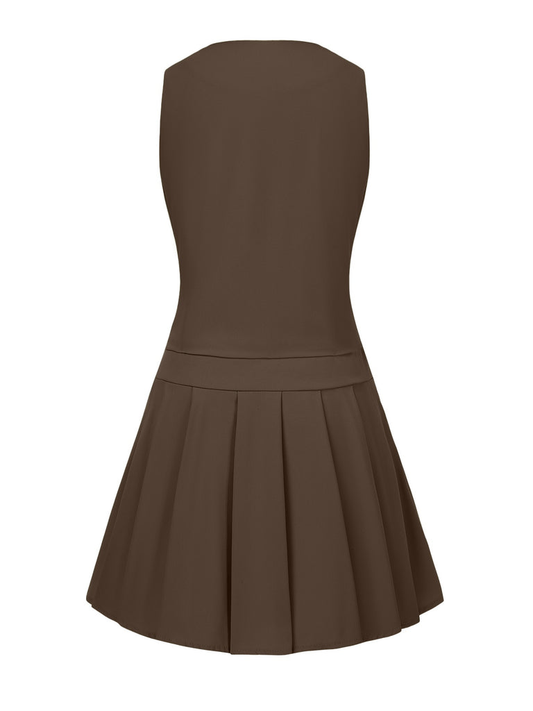 2PCS 1960s Solid Buttons Vest & Pleated Skirt