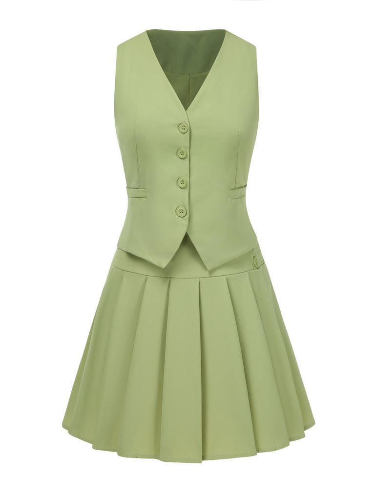 2PCS 1960s Solid Buttons Vest & Pleated Skirt