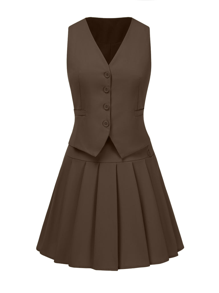 2PCS 1960s Solid Buttons Vest & Pleated Skirt