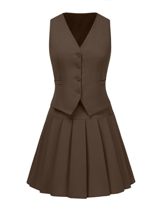 2PCS 1960s Solid Buttons Vest & Pleated Skirt