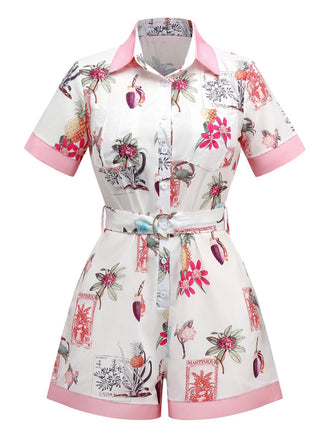 Pink 1950s Pineapple Flower Belted Lapel Romper