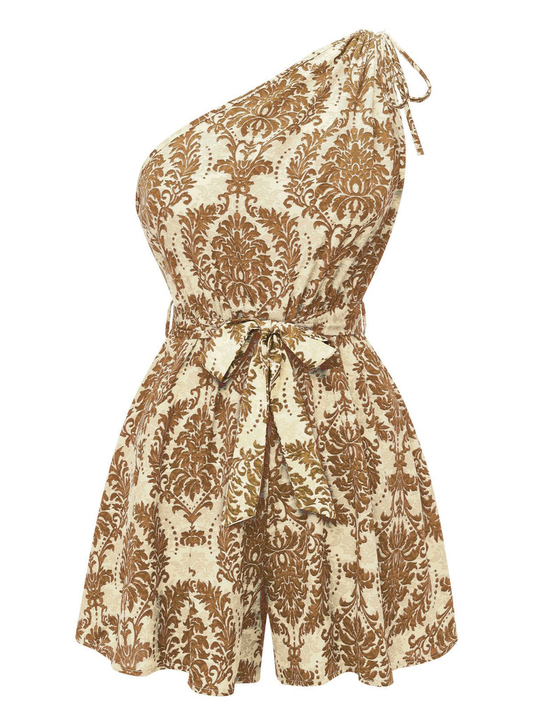 1950s One Shoulder Floral Print Belted Romper
