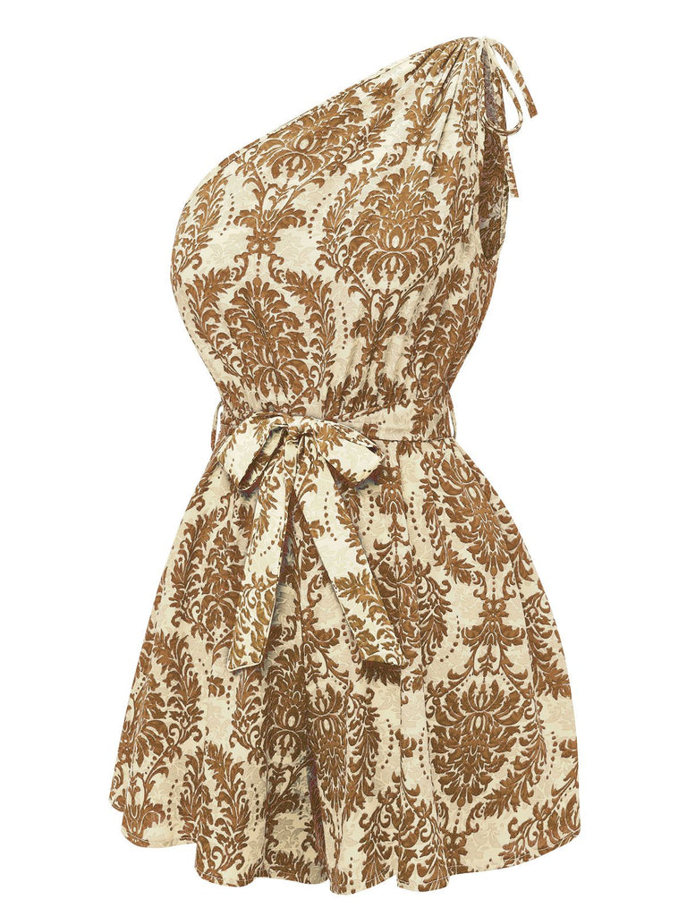 1950s One Shoulder Floral Print Belted Romper