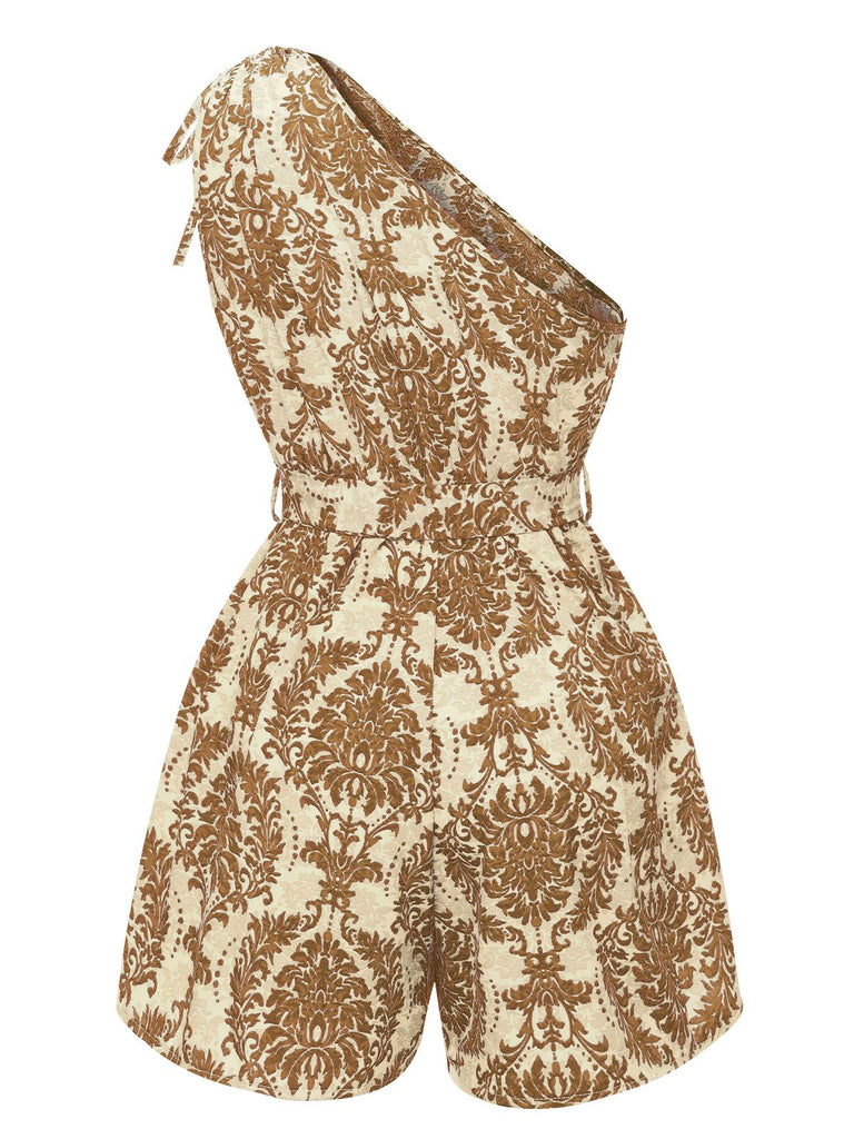 1950s One Shoulder Floral Print Belted Romper