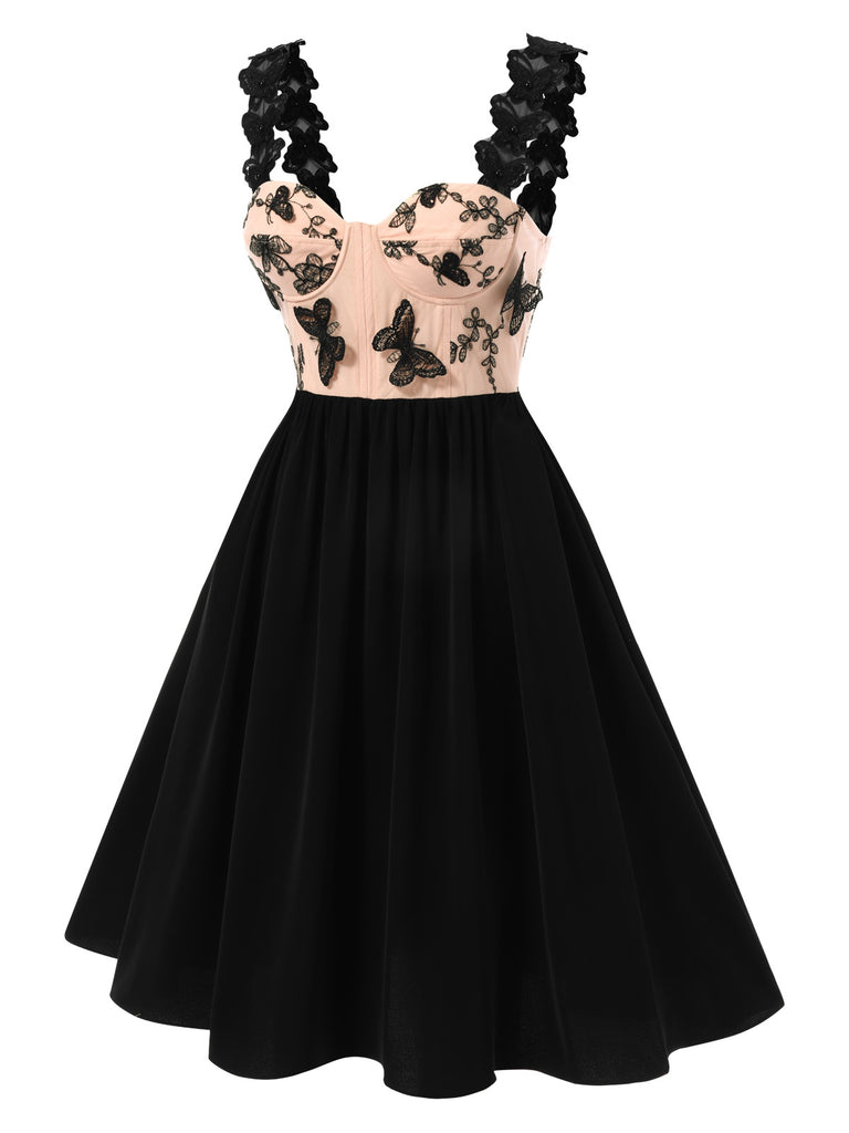 [Pre-Sale] Beige & Black 1950s Lace Butterfly Corset Lace-Up Dress