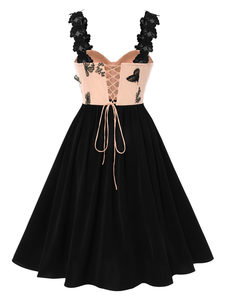 [Pre-Sale] Beige & Black 1950s Lace Butterfly Corset Lace-Up Dress