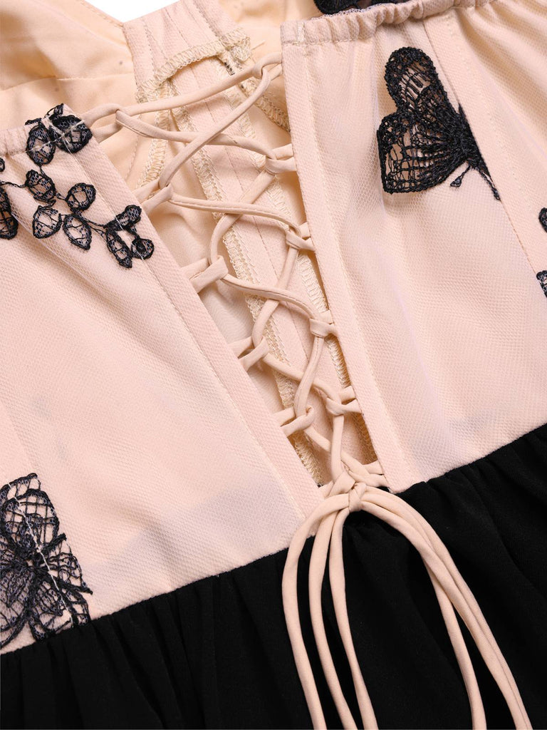 [Pre-Sale] Beige & Black 1950s Lace Butterfly Corset Lace-Up Dress